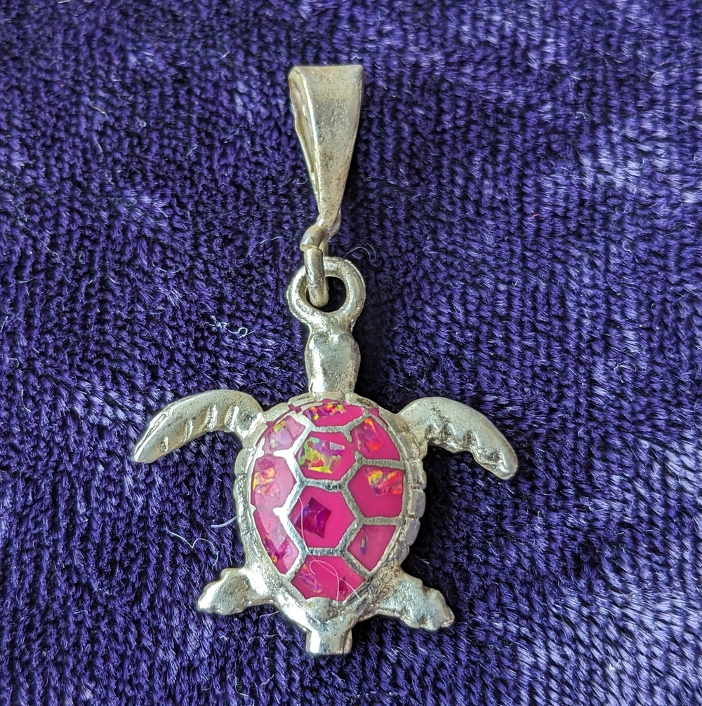 Silver And Pink Turtle Tortoise Pendant With Opal Inlay